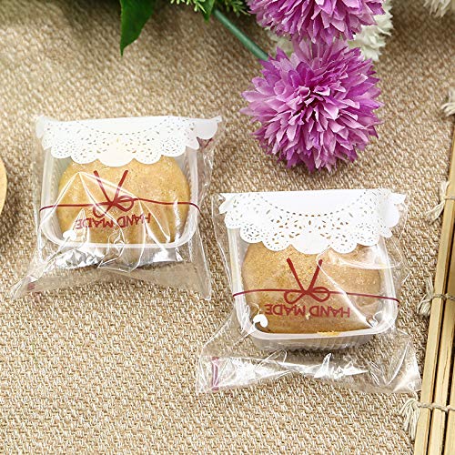 Efivs Arts 200pcs Lovely Lace Bowknot Candy Bags wrappers Self Adhesive OPP Cookie Bakery Decorating bags Biscuit Roasting Treat Gift DIY Plastic Bags for Halloween Christmas Day 5.5x5.5 inch