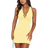 Women's Sexy Halter V Neck Cross Tie Spaghetti Strap Mini Dresses for Women Summer Party Cocktail Going Out Dress