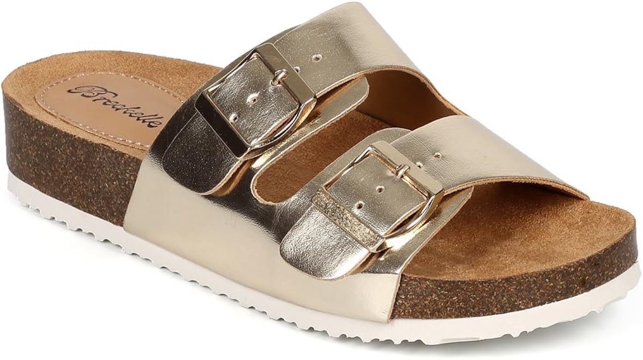 Amazon.com | Women Metallic Open Toe Double Buckle Slip On Footbed Sandal CE00 - Champagne (Size 