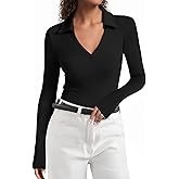 joyliveCY Long Sleeve Polo Shirts for Women V Neck Business Casual Work Tops Collared Shirts Slim Fit T-Shirts Fall Clothes