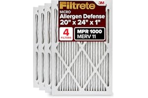 Filtrete 20x24x1 AC Furnace Air Filter, MERV 11, MPR 1000, Micro Allergen Defense, 3-Month Pleated 1-Inch Electrostatic Air Cleaning Filter, 4 Pack (Actual Size 19.81x23.81x0.81 in)