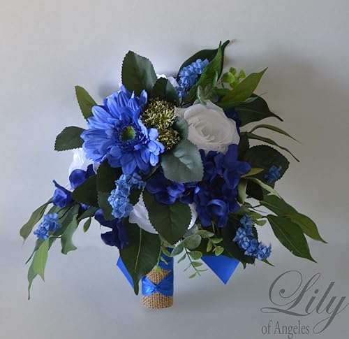 Amazon Com Wedding Bouquet Bridal Bouquet Bridesmaid Bouquet Silk Flower Bouquet Wedding Flower Royal Blue Grey White Blue Green Charcoal Lily Of Angeles Handmade