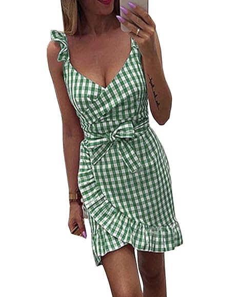 Woweal Sommer Damen V-Neck Minikleid Trägerkleid Fashion Lotusblatt Seite Gitter Kleid Partykleid Blusenkleider Sexy Neckhold