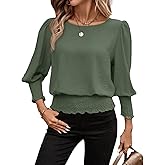 Banded Bottom Tops for Women Smocked Tops Elastic Cinched Waist Top Dressy Blouse Long Sleeve Casual Outfits Clothes