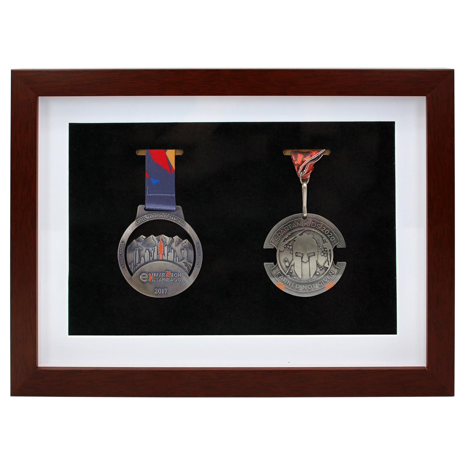 Medal Display Shadow Box Frame, 2 Medals Display Case for Runners Marathon Soccer Football Gymnastics All Sports (Walnut Brown, A4)