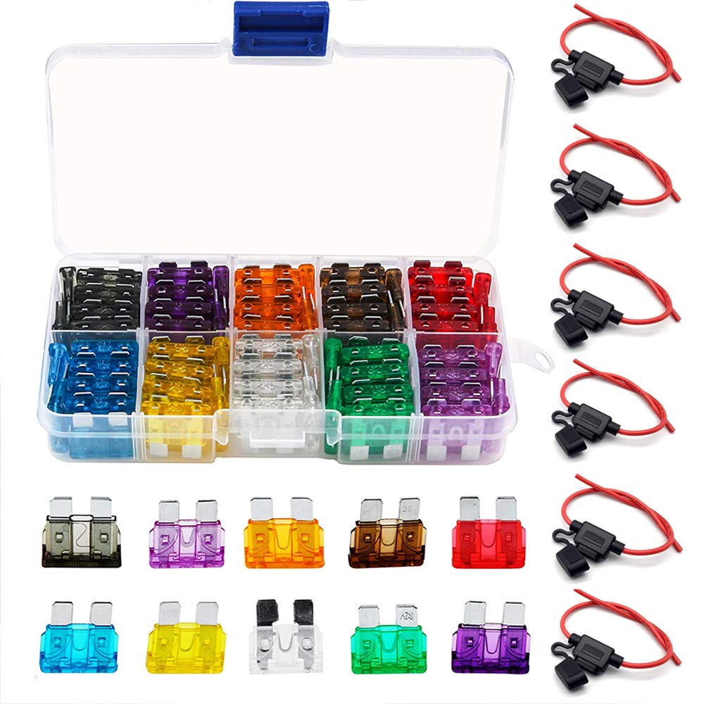 Bst4U Standard Inline Fuse Holder 12v 14AWG * 6 Pack + 100pcs Standard Car Fuses Kit ((2A/3A/5A/7.5A/10A/15A/20A/25A/30A/35A), Waterproof ATC/ATO In line Blade Fuse Holder for Car/Truck/Motorcycle