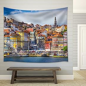 Porto, Portugal Old Town Skyline from Across The Douro River. - Fabric Wall Tapestry Home Decor - 51x60 inches