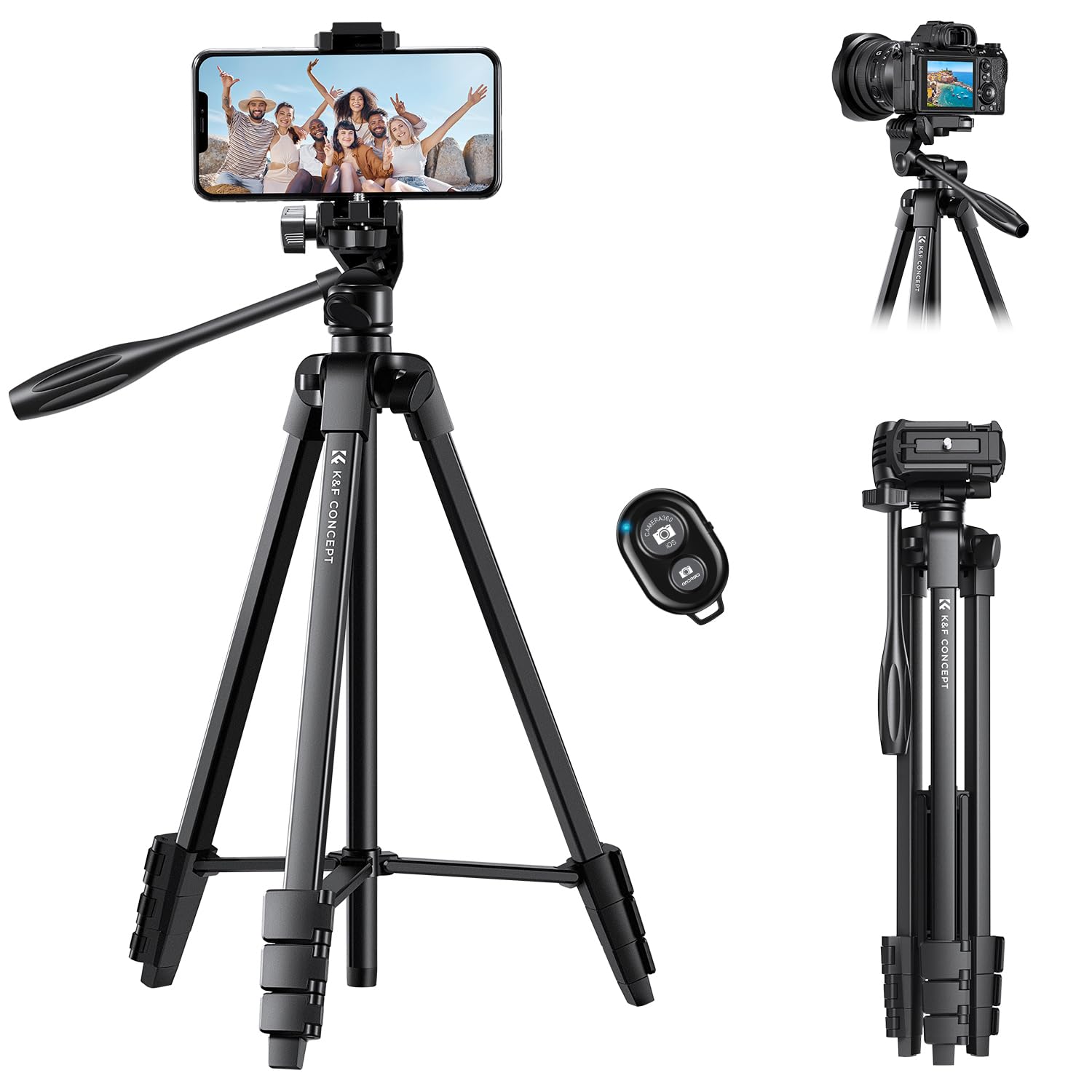 K&F Concept B174A1 Lightweight Tripod for Camera Phone, 60 inch/152cm Tripod for Smartphone with Phone Holder, Travel Stand for Camera with Cold Shoe, Bluetooth Remote S174A1