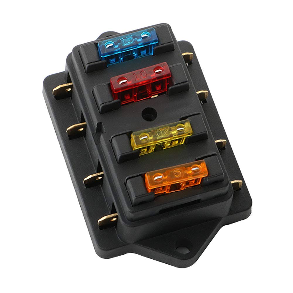 QitinDasen Premium 4-Way Car & Boat Blade Fuse Box with Damp-Proof Cover, Universal Standard Fuse Holder, and 10 Free Pieces (12V/24V)