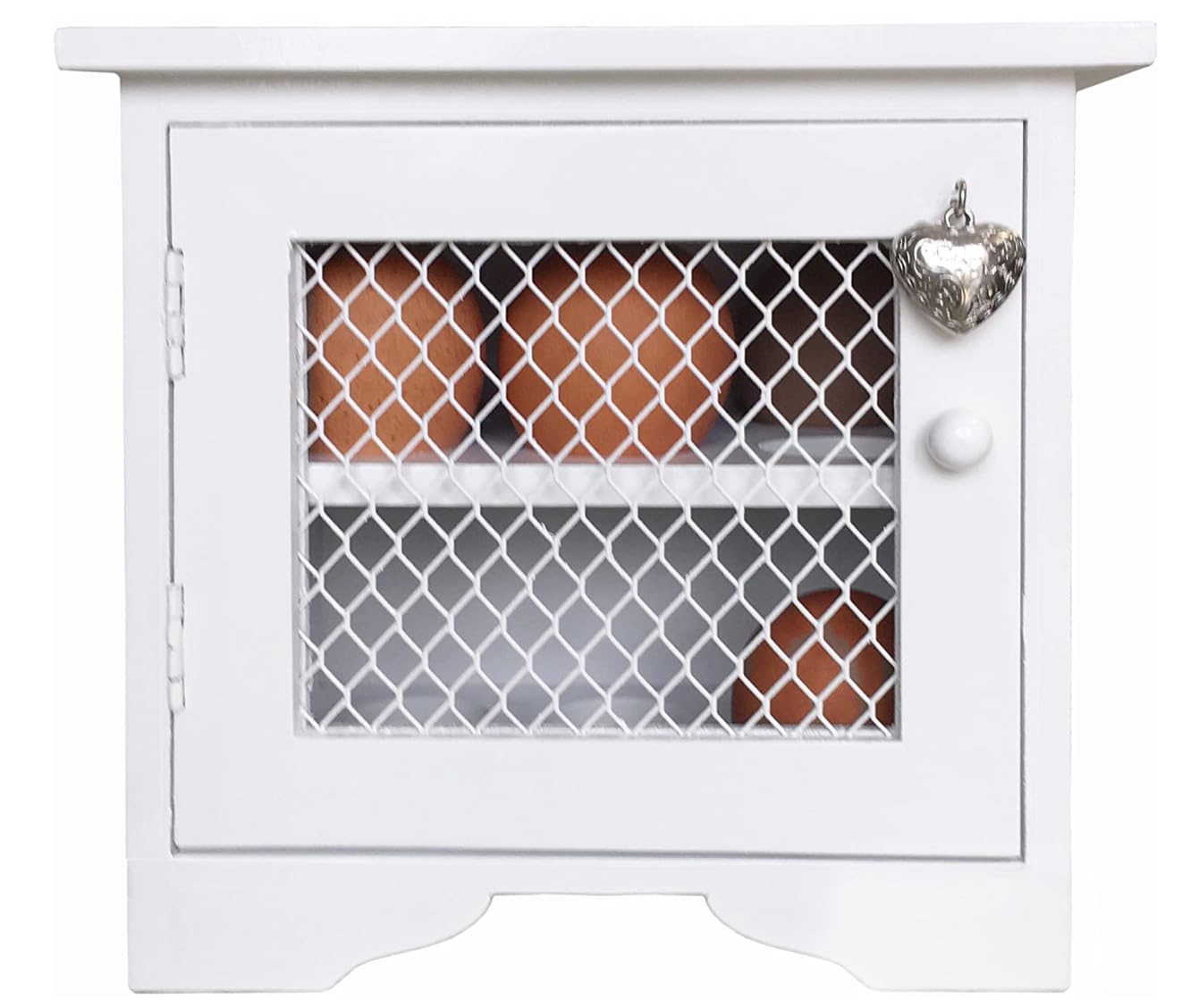 GreyZouq Wooden Country Kitchen Egg Cabinet. Egg Rack with Capacity to hold 12 Eggs. Ideal storage rack with farmhouse rustic effect. Worktop organizer. (White with Silver Heart)