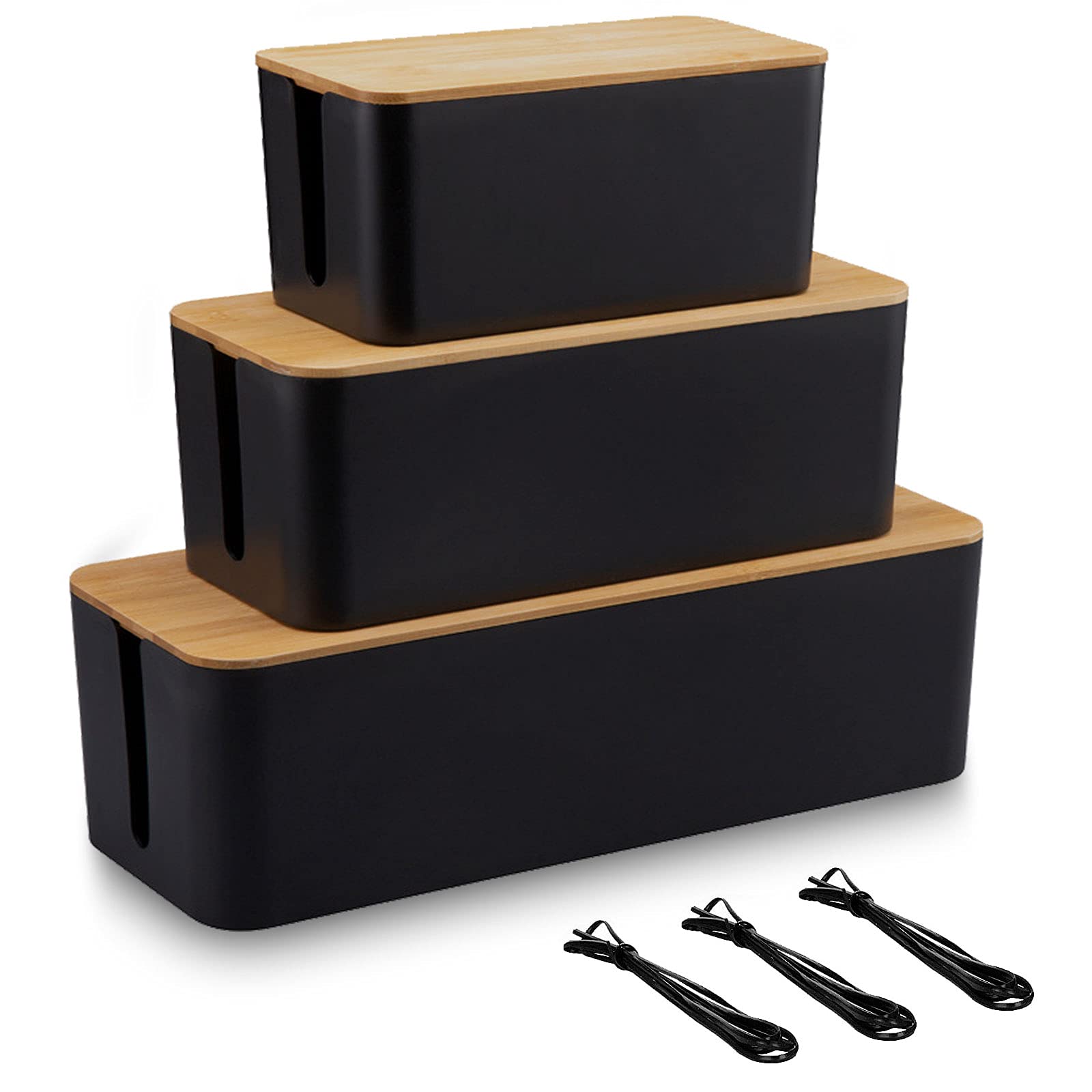 EVADOW Set of 3 Cable Management Box with Bamboo Lid, Black Wire Core Cable Tidy Box Conceal and Hide Cable Wire Extension Organizer Box for Home, Office | Size for Large, Medium, Small