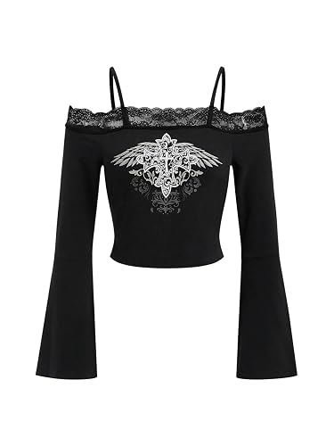Floerns Women's Gothic Long Sleeve Graphic Tee - Square Neck, Slim Fit, Stretch Fabric, Halloween & Streetwear Style