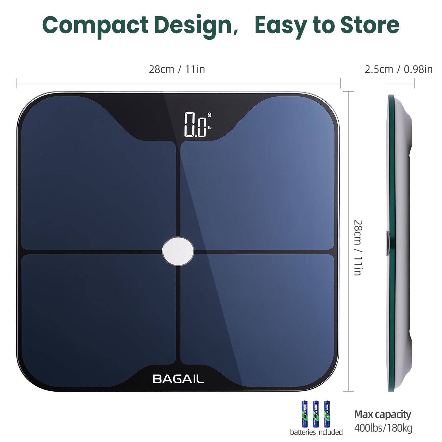 BAGAIL BASICS Smart Scale for Body Weight, Digital Bathroom Scale with ITO Coating, Accurate Body Fat BMI Scale with Bluetooth, Full Body Composition Analysis, Health Monitor for Weight Loss, 400lb