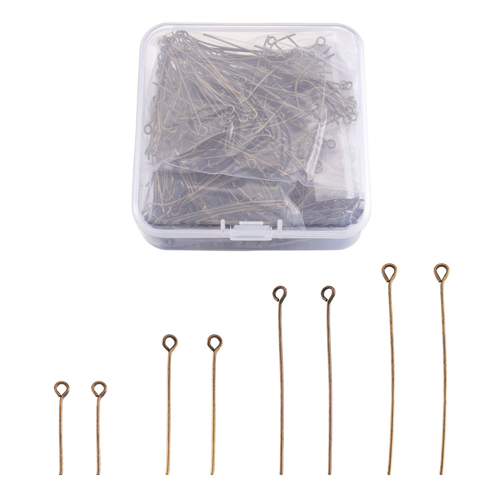 Pandahall 600Pcs Iron Eye Pins 21 Gauge 4 Size Open Eye Pins Head Pins Findings Antique Bronze for Earring Dangle Charms Jewelry Making (20mm 28mm 38mm 50mm Length)