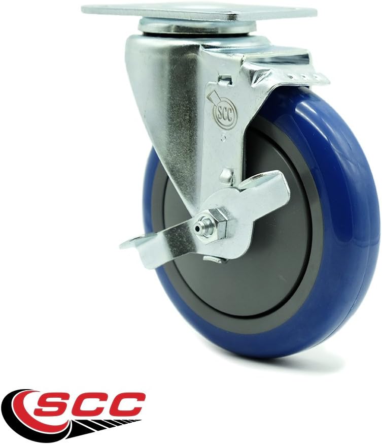 Service Caster - 5" x 1.25" Blue Polyurethane Wheel Swivel Caster w/Brake Non-Marking - 300 lbs/Caster