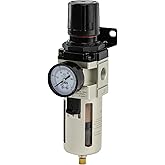 SNS 1/2”NPT Compressed Air Filter Regulator Piggyback Combo, Semi-auto Drain, 5 Micron Brass Filter, Gauge and Bracket, Poly Bowl with Metal Guard AW4000-N04A