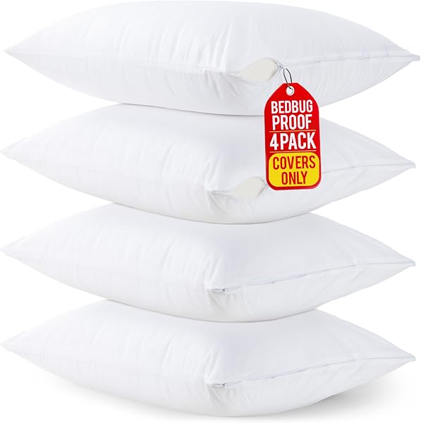 Set of 4 Pillow Protectors with Zipper Standard Size, Bed Bug and Dust Mite Proof Pillow Covers, Ultra Soft Pillow Encasement