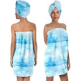 YWZDS Spa Wrap Bath Towel Set with Hair Turban, Cloud Print Design, Sky Blue, Towel Robe for Women