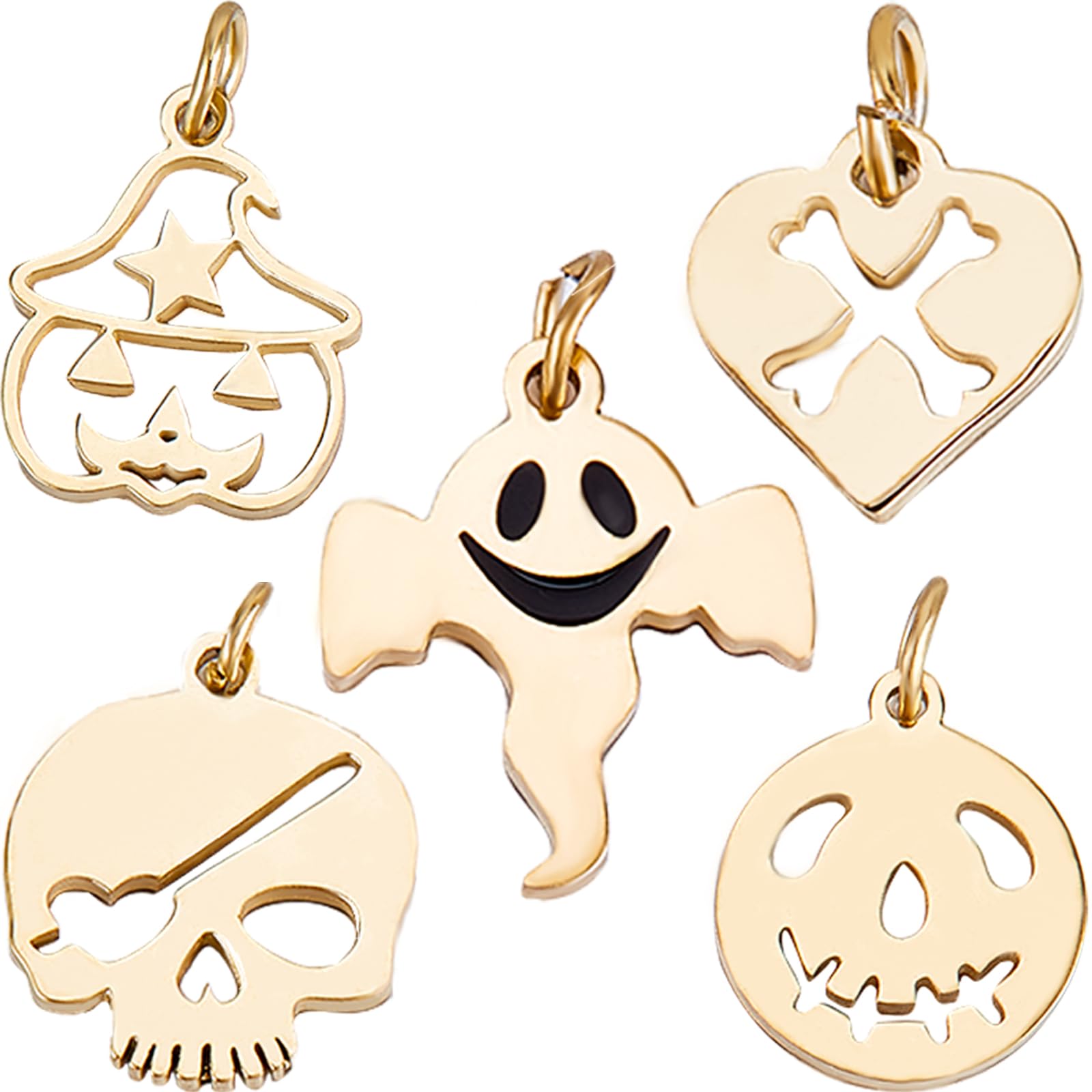 CREATCABIN 10Pcs/Box 5 Styles 2023 Halloween Pendants Charms 14K Gold Plated Pumpkin Pendant Ghost Skull Charm Bulk Earrings Necklaces Bracelet for Jewelry Making DIY Craft Keychain Women Gifts Gold