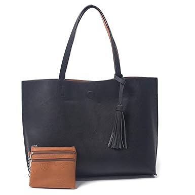 wanture Women Large Reversible Tote Bag, Tassels Faux Leather Shoulder Handbags, Fashion Ladies Purses Satchel Messenger Bags Black-Brown