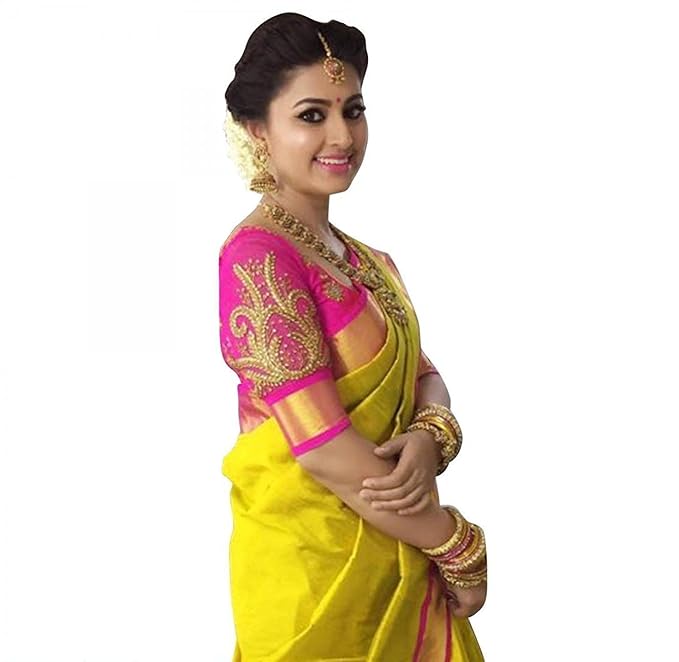 Women's Cotton Silk Saree with Blouse Material, Yellow