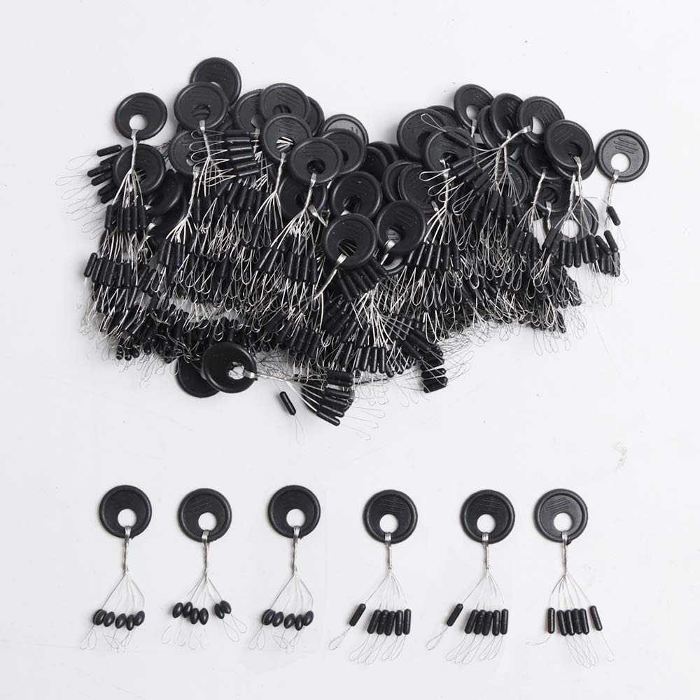 Alwonder 600pcs 4 Size Mixed Fishing Rubber Stopper Fishing Float Bobber Bead Stops 6 in 1 Float Sinker Stops Black Cylinder Shape Rigs Leader Accessories