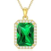 AHTAMOS Emerald Necklaces for Women 18K Gold Plated Silver Halo Style Crushed Ice Green Emerald Pendant Necklaces, May Birthstone 16+2"