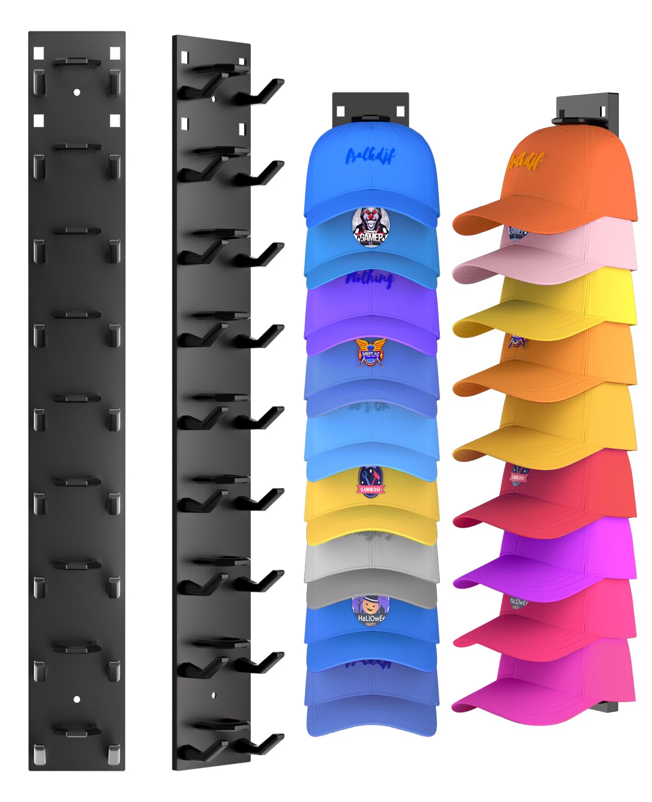 Photo 1 of 2 Pack Hat Organizer for Baseball Caps, Strong Adhesive Hat Rack for Wall, Multilayer Hat Storage Display Holder, Wall Mounted Hat Hooks Hold up to 18 Hats for Closet Door and Bedroom (Black)