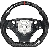 JIANGGAI Real Carbon Fiber Steering Wheel, D-Shaped Flat Bottom Steering Wheel With Red Indicate Fit for BMW E-Series SSG Edition 2005-2012(Large Paddle Shifter Holes Version)