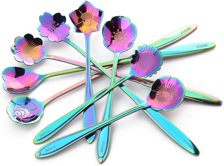 Stainless Steel Flower Spoon, little spoons Can be used as coffee spoon, sugar spoon, teaspoon, stirring spoon, ice tea spoon, etc.(Set of 8,Two Different Lengths) (Rainbow)…