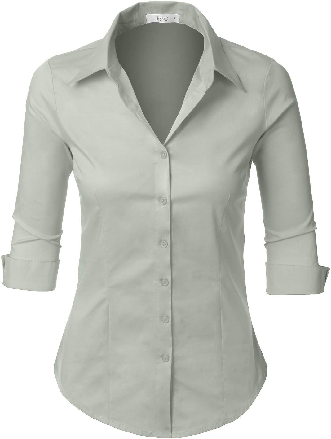 LE3NO Womens Slim-Fit 3/4 Sleeve V Neck Casual Work Shirts Top with Stretch