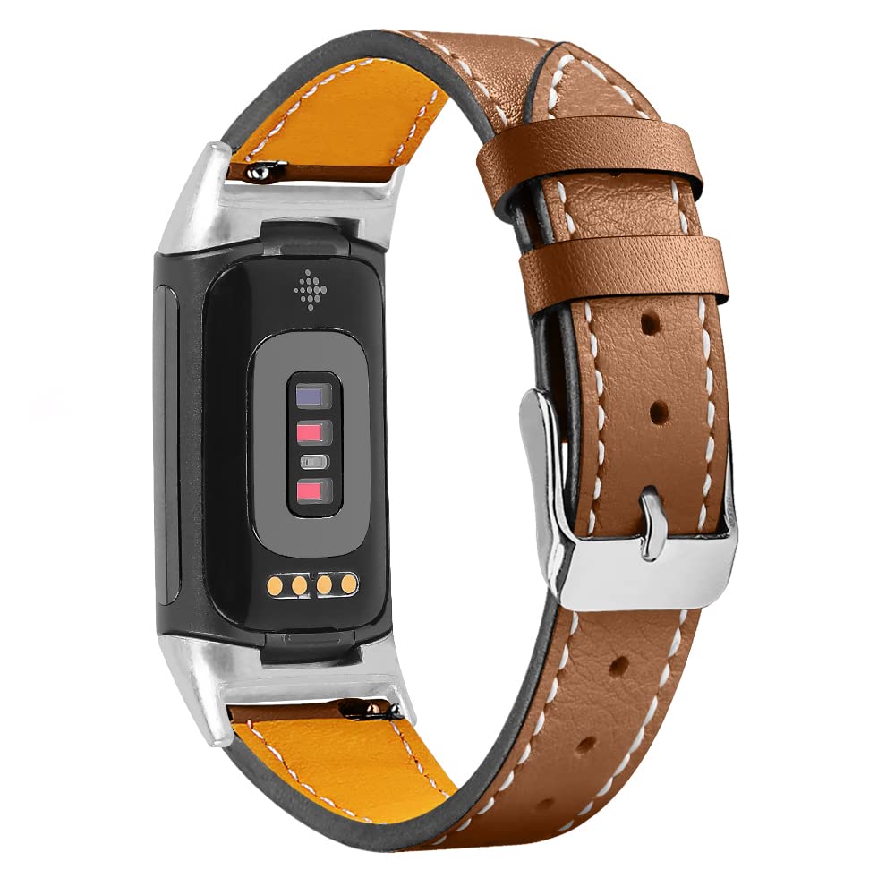 Gimuk Compatible with Fitbit Charge 5 Strap for Women Men, Genuine Leather Adjustable Sports Strap Replacement Wristband for Charge 5 Tracker Small Large (Brown)