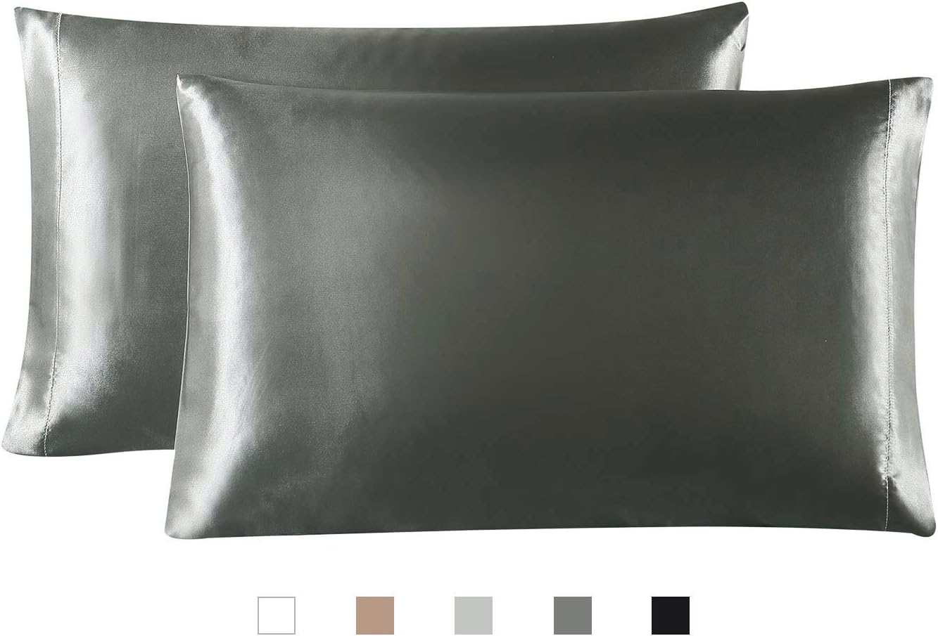 Hboemde 2-Pack Satin Pillowcases Set for Hair and Skin,Dark Gray Pillow case Set of 2 Envelope Closure Pillowcases Slip Cooling Satin Pillow Covers-Queen(20x30)