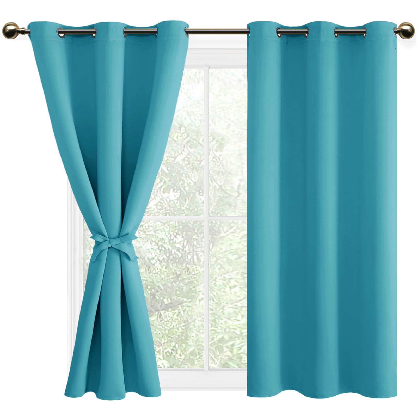 DWCN Turquoise Blackout Curtains with Tiebacks for Bedroom Thermal Insulated Solid Eyelet Curtains for Living Room,2 Panels,46" Wide x 54" Drop