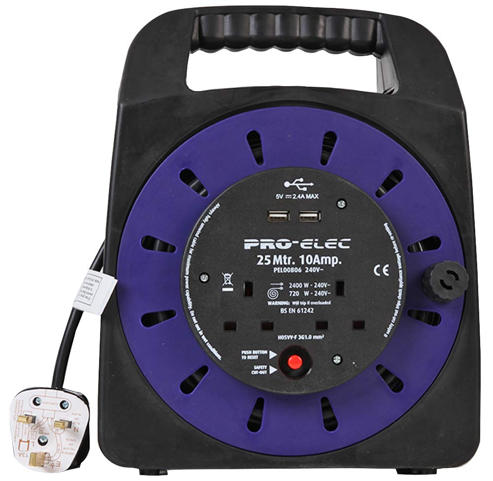 Pro Elec PEL00806 10A 2-Gang Handbag Reel mains Extension with 2x USB Charging Ports, 25 m