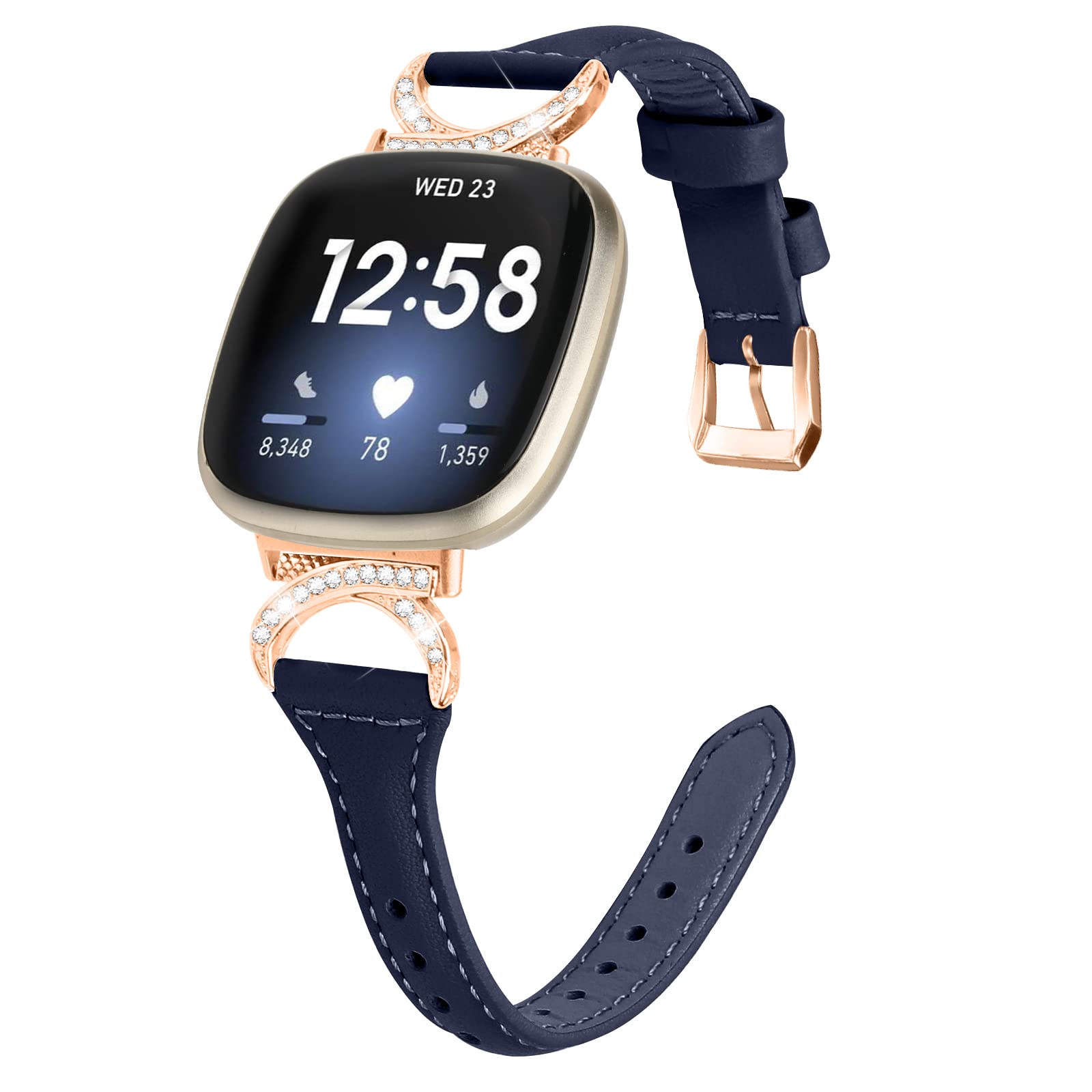 Gimuk Leather Strap Compatible with Fitbit Versa 4/Sense 2, Women's Genuine Leather Sport Band Metal Bling Rhinestone Replacement Wristband for Fitbit Versa 3/Sense (Blue/Rose Gold)