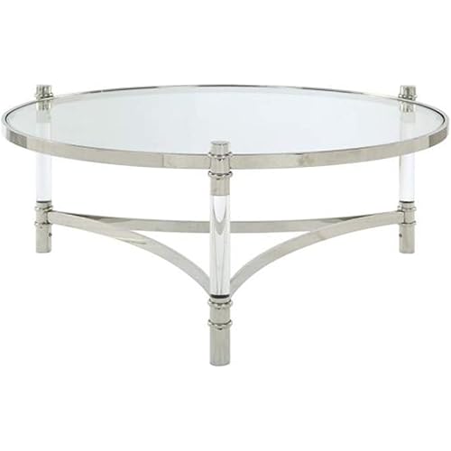 Benjara, Silver Round Coffee Table With Glass Top Kitchen