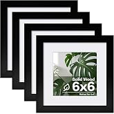 Egofine 6x6 Picture Frames Set of 4, Made of Solid Wood Covered by Plexiglass Display 4x4 with Mat or 6x6 without Mat, for Table Top Display and Wall Mounting Photo Frame, Black