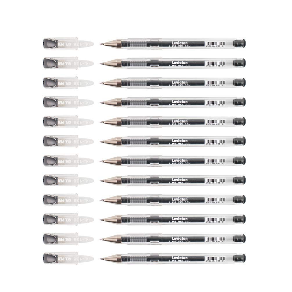 LEVIATAN L-138 Pack of 12 Gel Pens with Ergonomic Grip Metal Tip 0.3 mm Line Width Writing Length 1200 m Ink Roller Ball Black