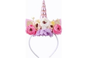 Nishine Girls Glitter Unicorn Horn Headband Camellia Pony Head Band Flower Hair Band Tiara for Party Birthday Gift