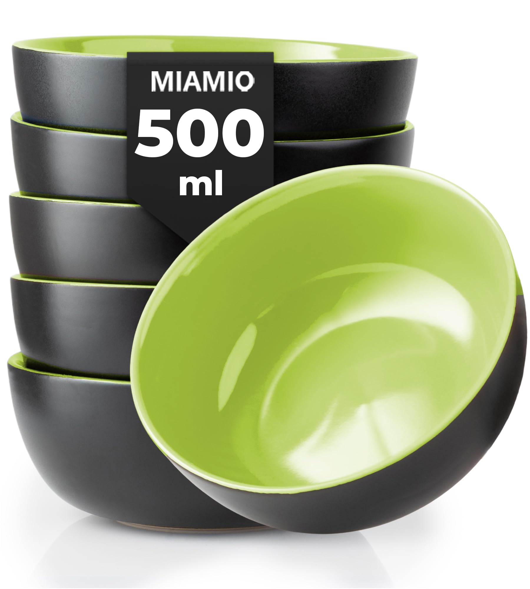 MIAMIO - 6 x 500 ml Stoneware Bowl Set Outside Black Inside Colourful - Le Papillon Collection (Green)