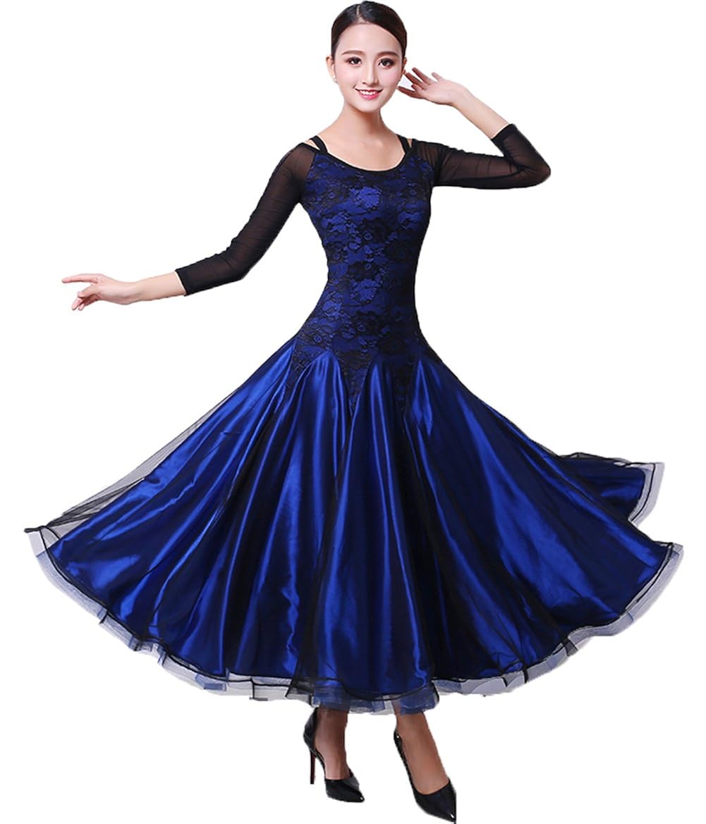 B077cfjpwg 綺麗 モダンダンス衣装 社交ダンスドレス L 開場衣装ワンピース 露肩 ワルツ専用スカート発表会用演出服 L レースブルー ワルツドレス 練習着競技用 透け感 豪華 長袖 レースブルー ラテンドレス スタンダードドレス Lnight エルナイト 社交ダンス 品数豊富