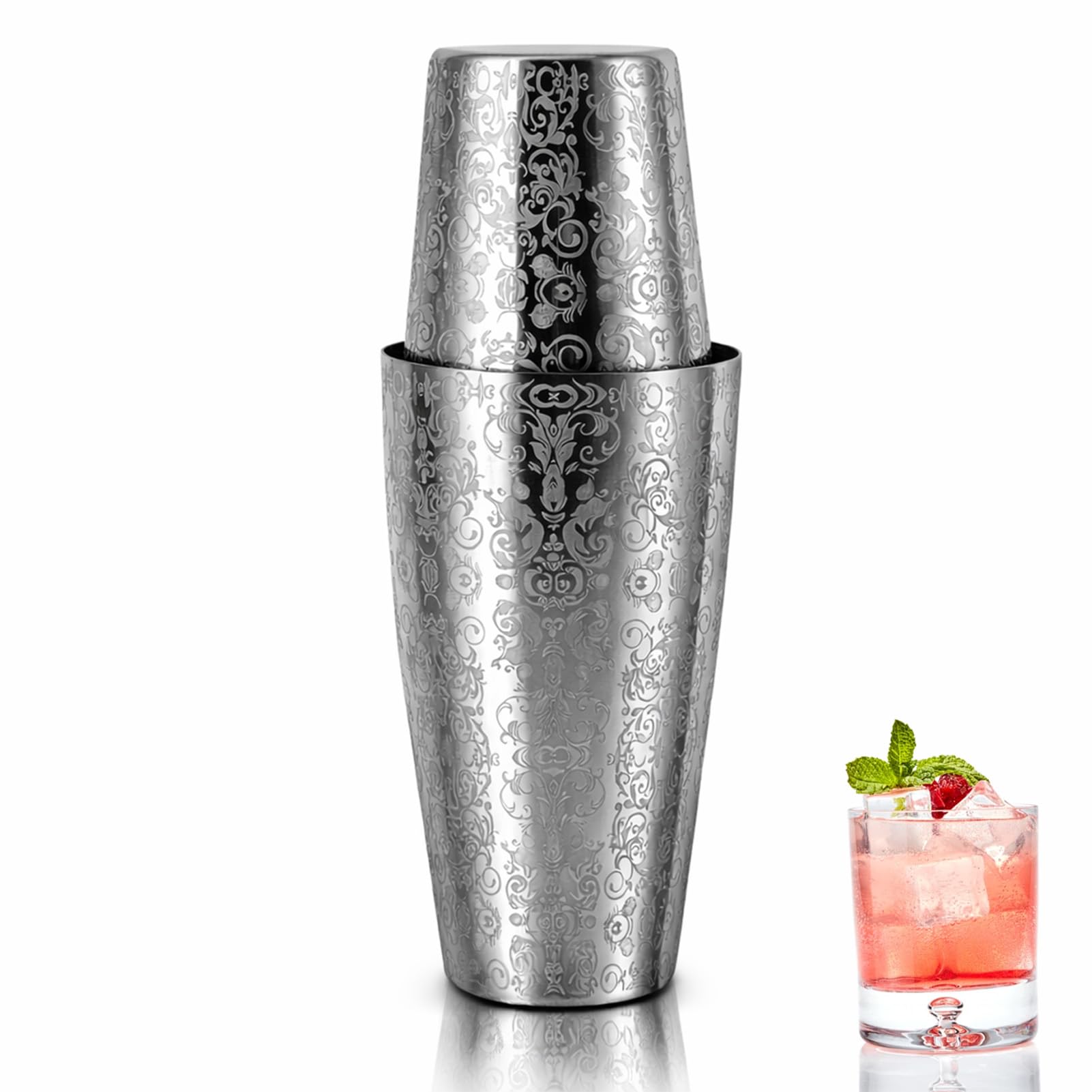 Cocktail Shaker,Stainless Steel,Cocktail Mixing Shaker Martini Shaker Drink Mixer Bartender Shaker Metal Boston Shaker Engraved Drink Shaker for Bartending and Home Bar