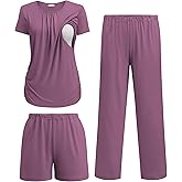 Ekouaer Maternity Pajamas Postpartum Lounge Sets for Women Nursing Pjs Breastfeeding Clothes Pregnancy Shorts & Pants Purple Red M
