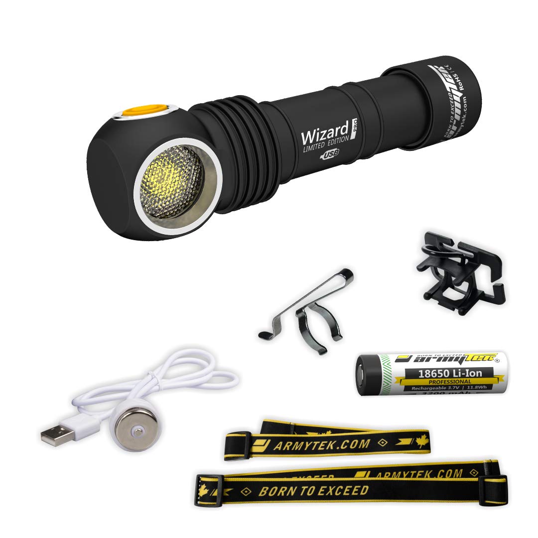 Armytek Wizard Pro Nichia LED Magnet USB Rechargeable Headlamp Multifunction Flashlight + 18650 Li-ion Battery