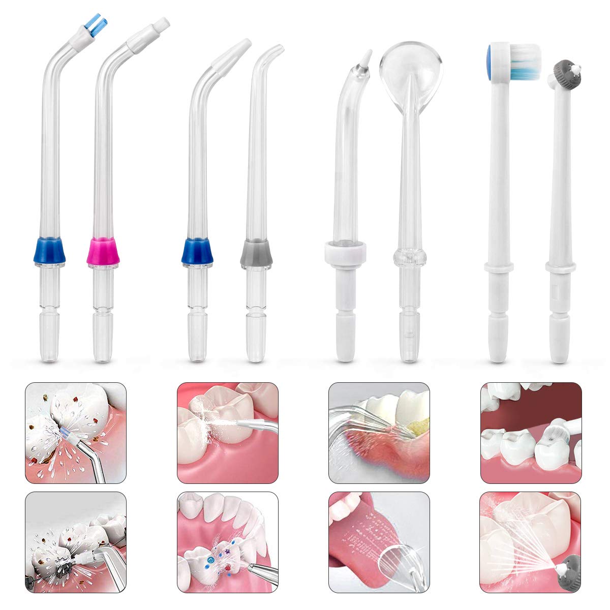 Water Flosser Tips (8 pcs Combo Kit) Includes Classic Tip, Pocket Tip, Tongue Cleaner, Orthodontic Tip, High Pressure Tip, Mist Tip, Brush Tip : Beauty