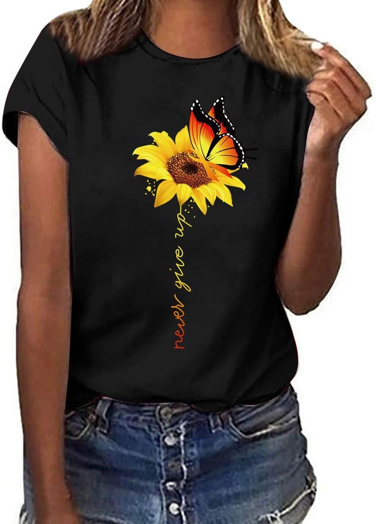 Women T-Shirt Casual Summer Short Sleeve Tee Sunflower Print Loose Fit Blouse Tops