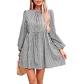 Womens Gingham Dress Cute Long Sleeve Babydoll Flowy Mini Shirt Dress Casual Fall Plaid Clothes with Zipper