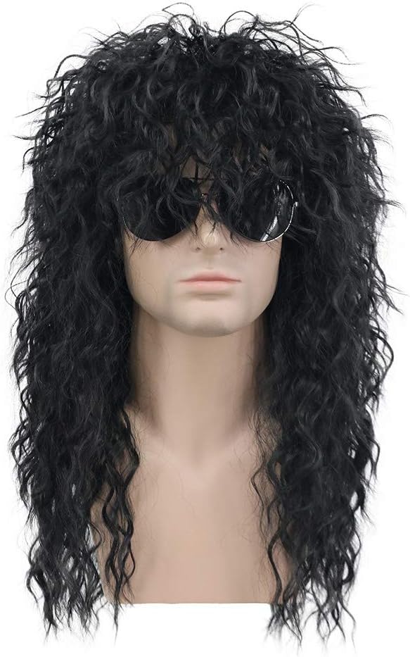 karlery 70s 80s Rocker Metal Mullet Wig Mens Long Curly Black Party Halloween Costume Anime Wig, 22.5 inches
