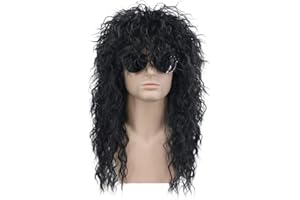 karlery 70s 80s Rocker Metal Mullet Wig Mens Long Curly Black Wig for Halloween Costume Anime Party